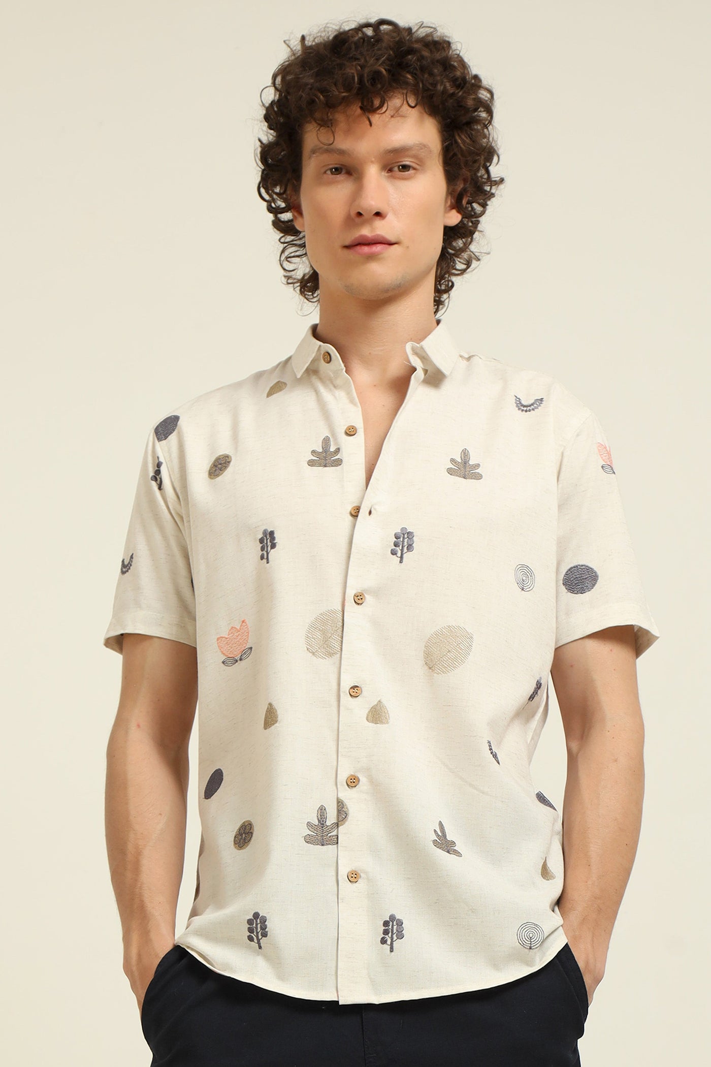 All over Embroidery Half-Sleeve Beige shirt