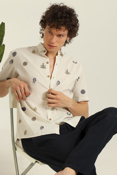 All over Embroidery Half-Sleeve Beige shirt