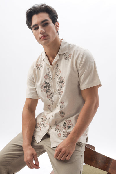 Zeus Floral Embroidery Linen Box Fit Shirt