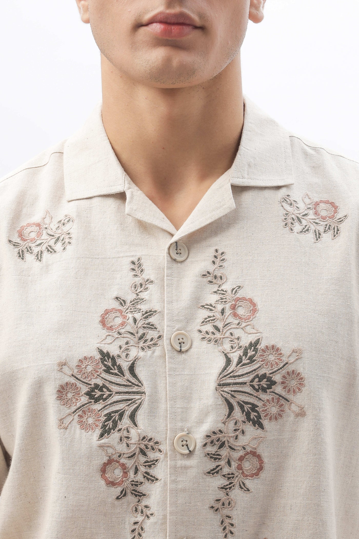 Zeus Floral Embroidery Linen Box Fit Shirt