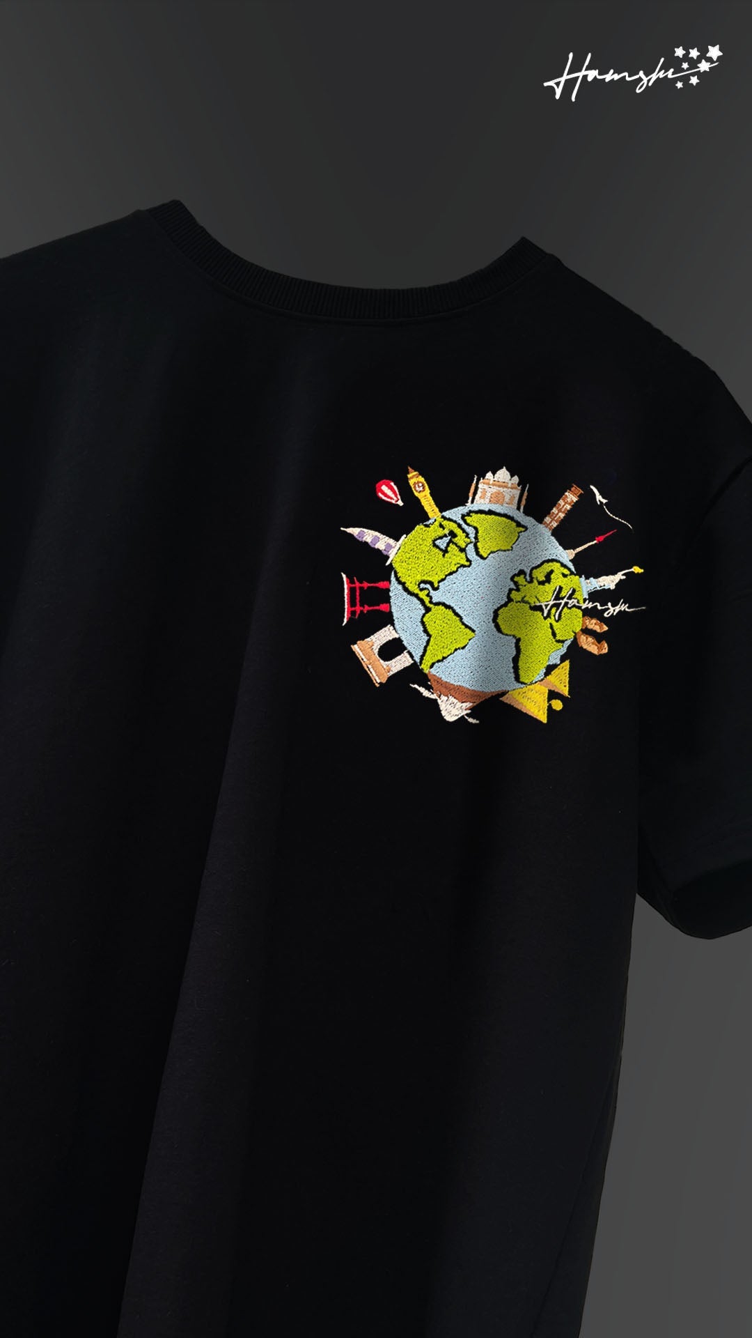 Global Travel Embroidery T-shirt - Black