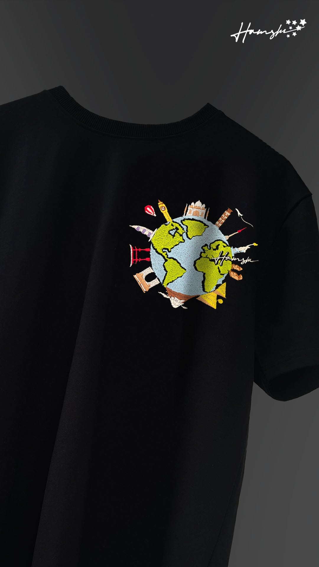 Global Travel Embroidery T-shirt - Black