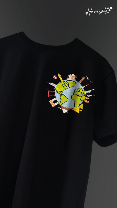 Global Travel Embroidery T-shirt - Black