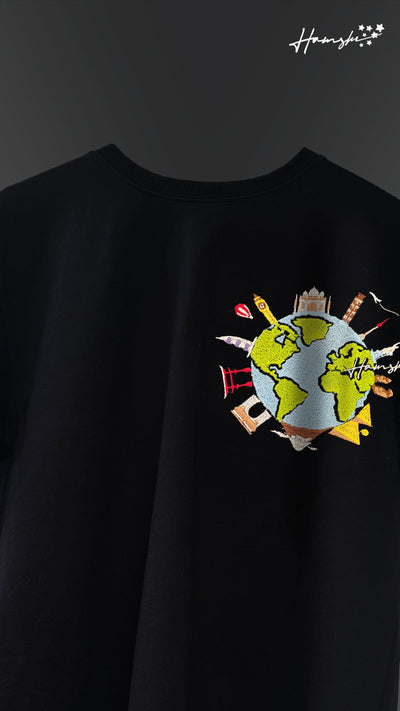 Global Travel Embroidery T-shirt - Black