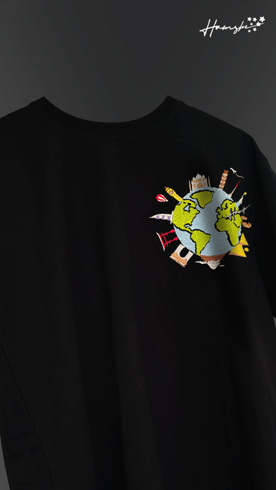 Global Travel Embroidery T-shirt - Black