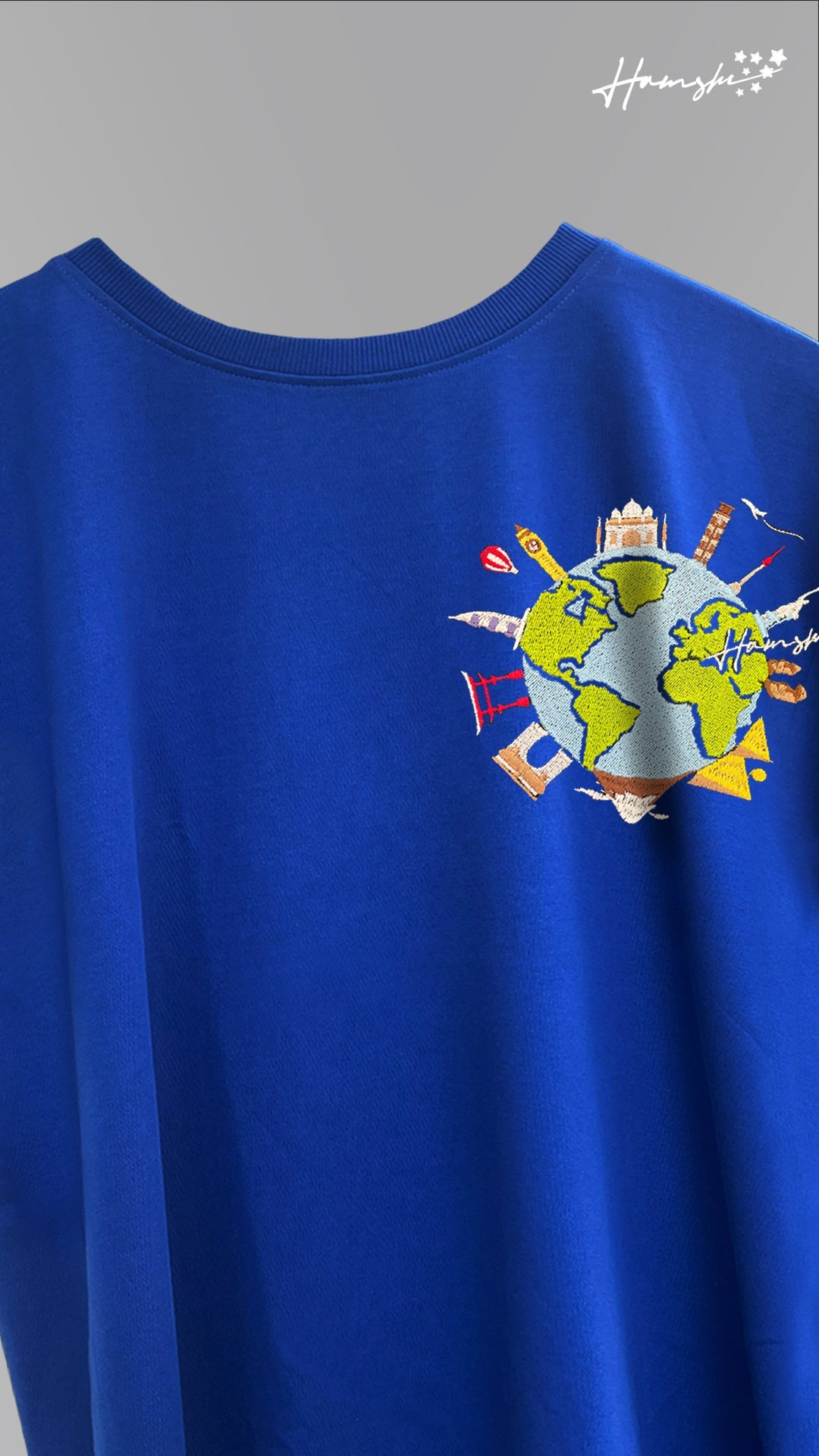 Global Travel Embroidery T-shirt - Blue