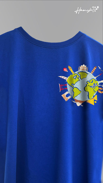 Global Travel Embroidery T-shirt - Blue