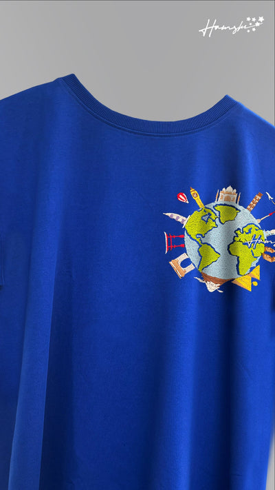 Global Travel Embroidery T-shirt - Blue