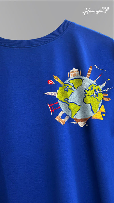 Global Travel Embroidery T-shirt - Blue