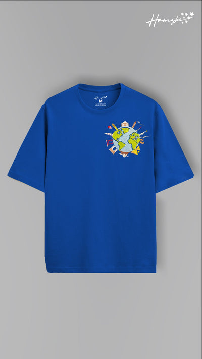 Global Travel Embroidery T-shirt - Blue
