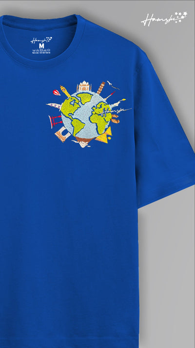 Global Travel Embroidery T-shirt - Blue