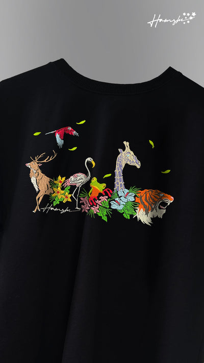 Jungle Biodiversity Embroidery T-shirt - Black