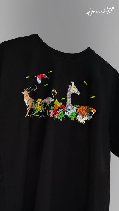 Jungle Biodiversity Embroidery T-shirt - Black