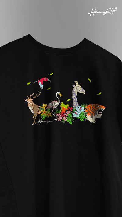 Jungle Biodiversity Embroidery T-shirt - Black