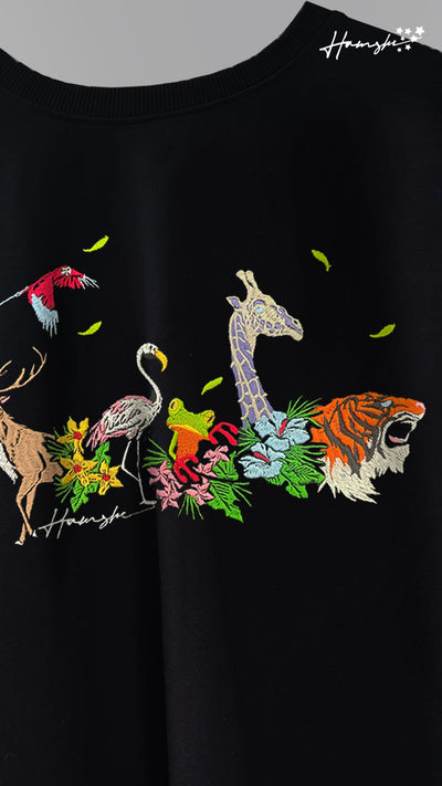 Jungle Biodiversity Embroidery T-shirt - Black