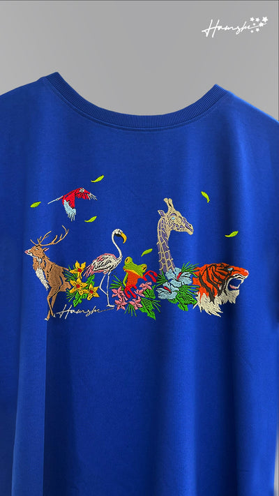 Jungle Biodiversity Embroidery T-shirt - Blue
