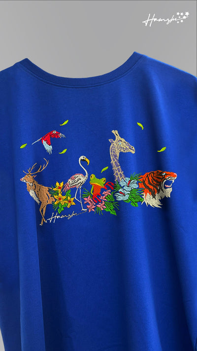 Jungle Biodiversity Embroidery T-shirt - Blue