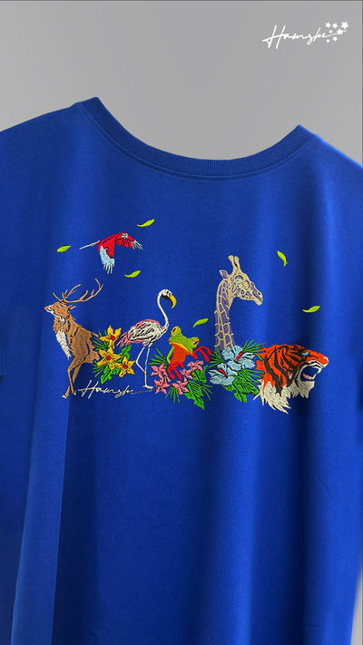 Jungle Biodiversity Embroidery T-shirt - Blue