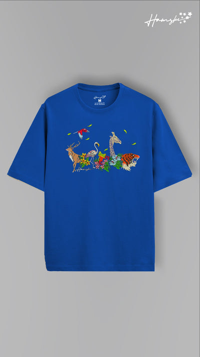 Jungle Biodiversity Embroidery T-shirt - Blue