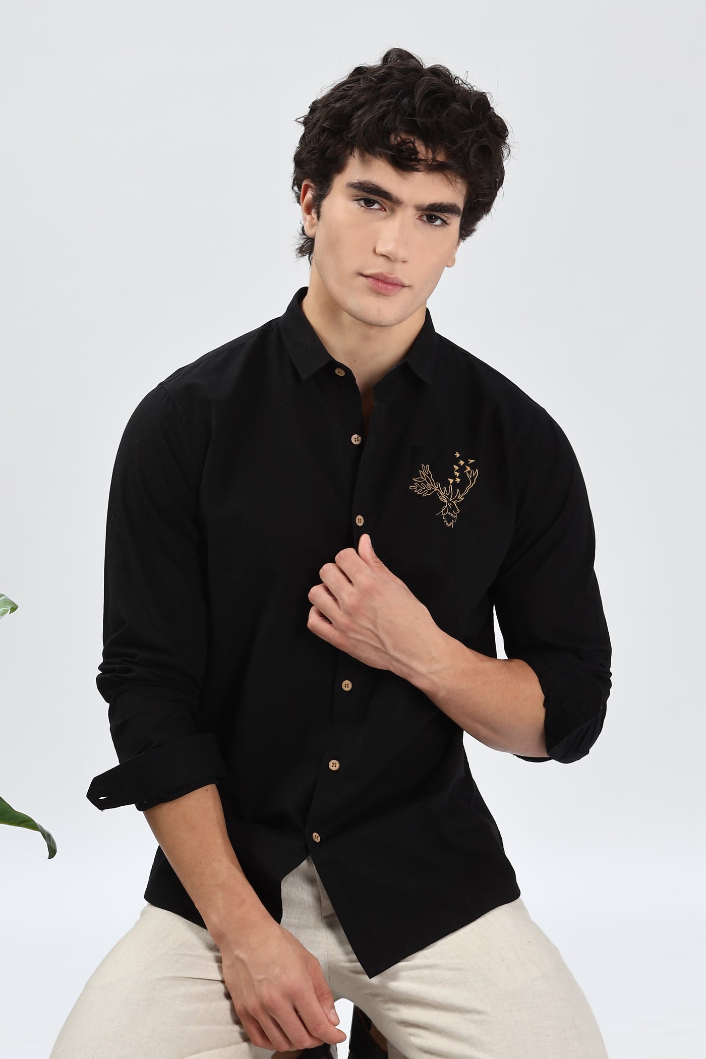 Arctic Reindeer Black Embroidery Shirt