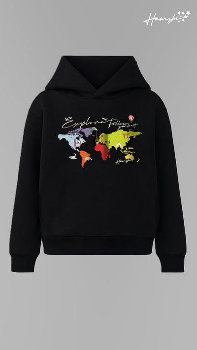 World Map Embroidery Hoodie - Black