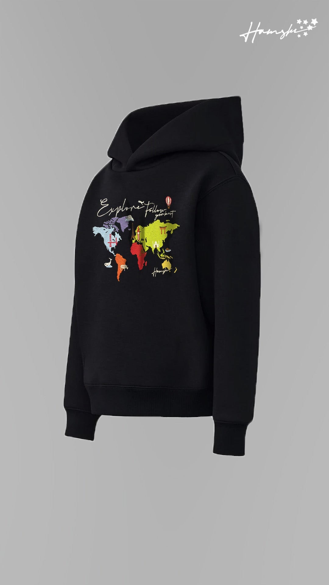 World Map Embroidery Hoodie - Black