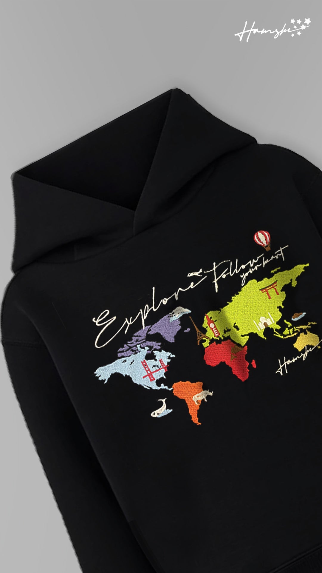 World Map Embroidery Hoodie - Black