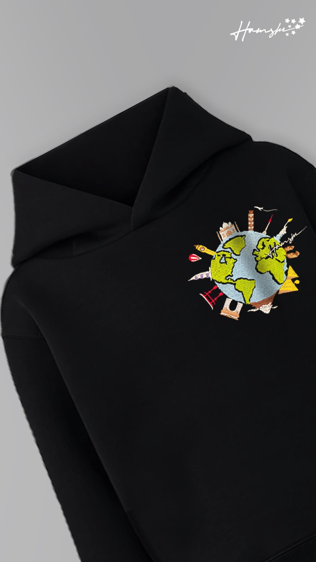 Global Travel Embroidery Hoodie - Black