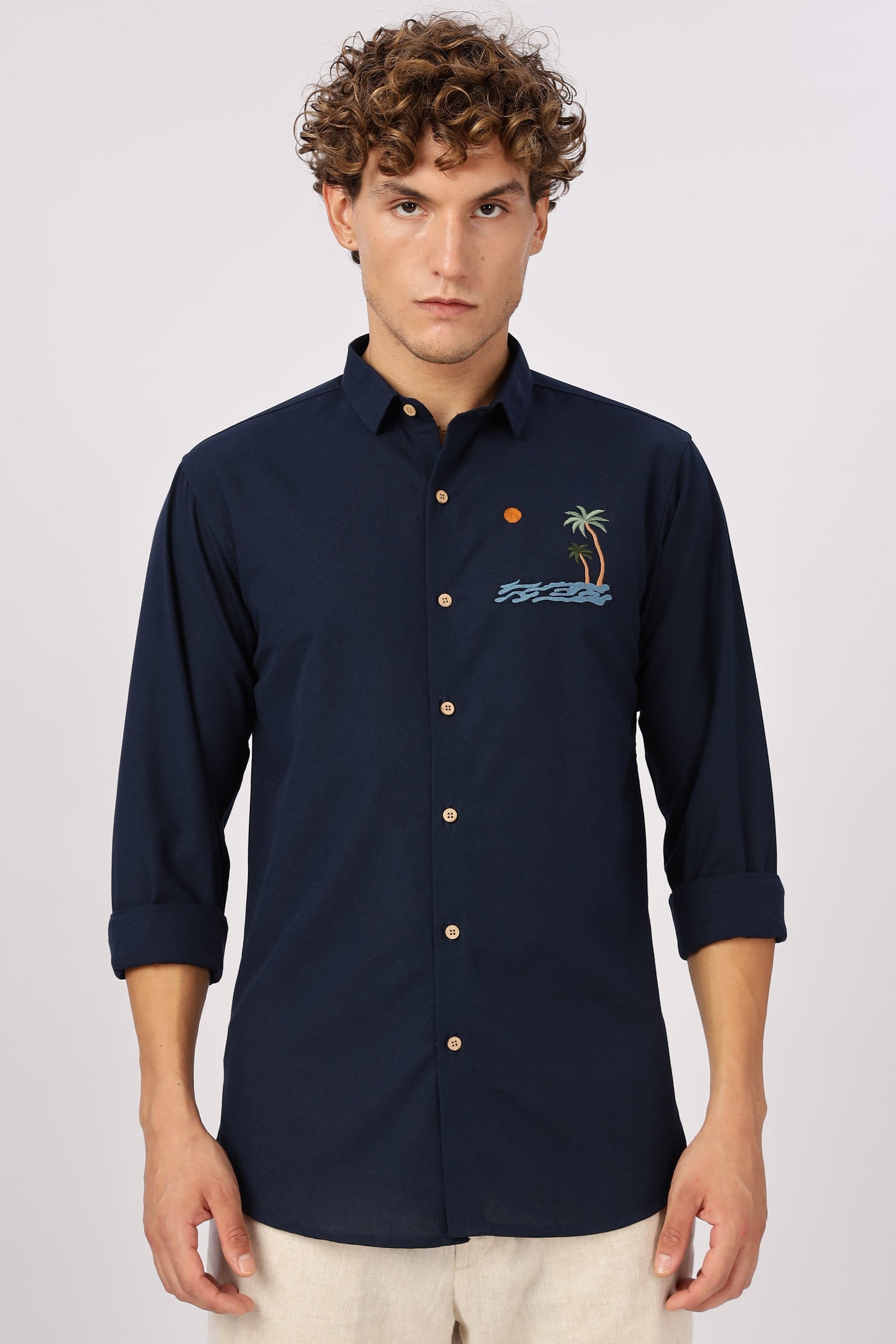 'Tides & Palms' Embroidered Navy Shirt