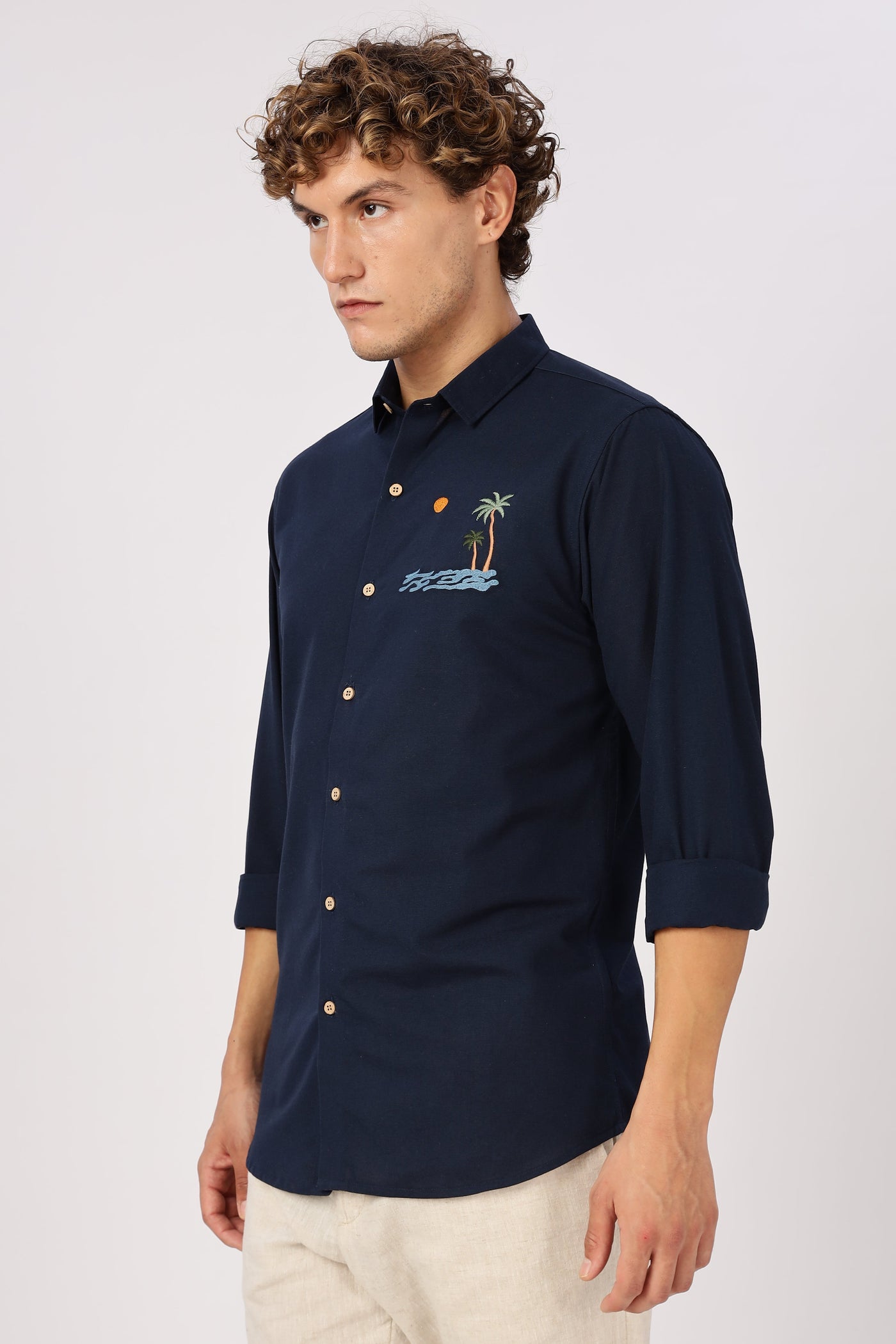 'Tides & Palms' Embroidered Navy Shirt