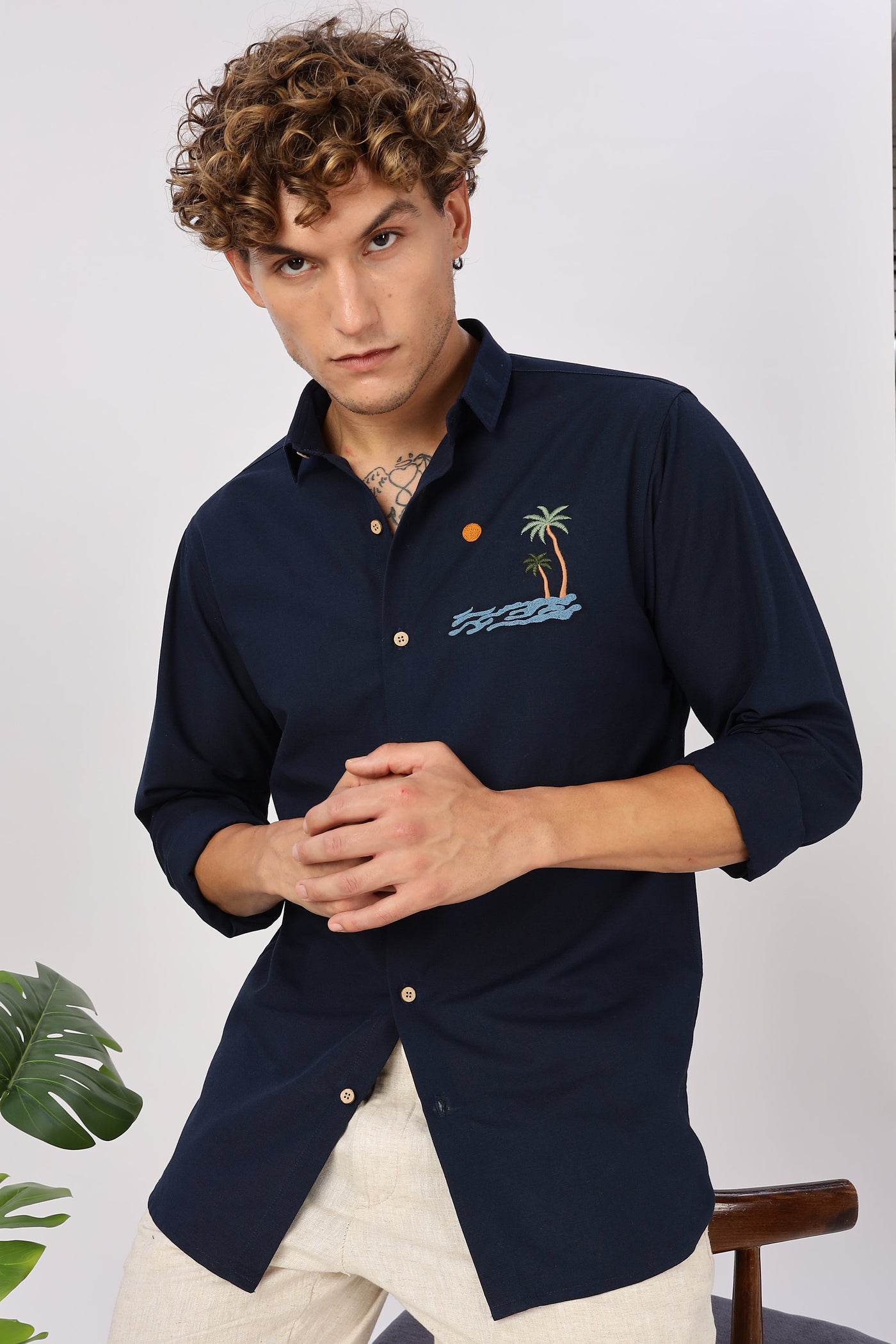 'Tides & Palms' Embroidered Navy Shirt