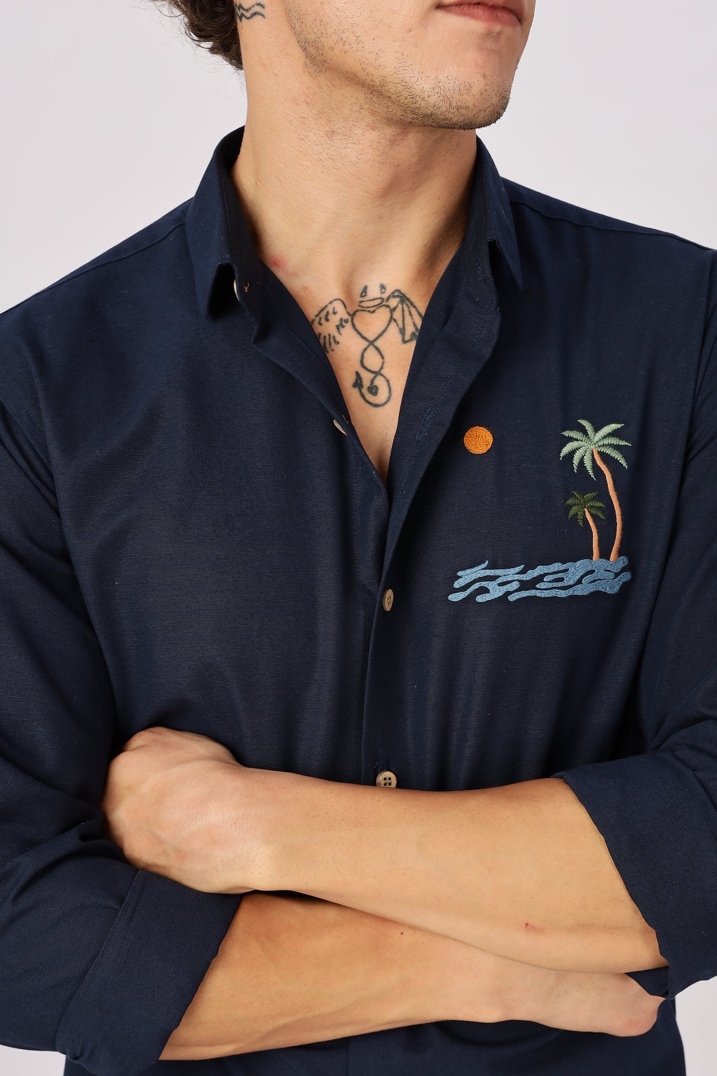 'Tides & Palms' Embroidered Navy Shirt