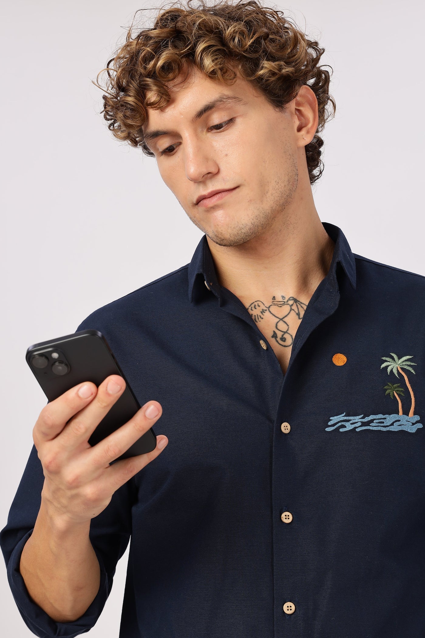 'Tides & Palms' Embroidered Navy Shirt