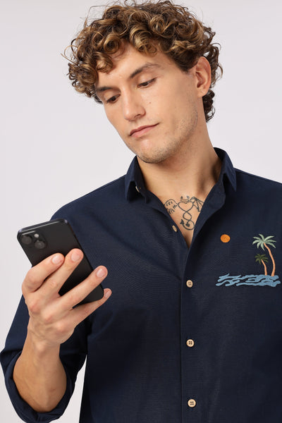 'Tides & Palms' Embroidered Navy Shirt