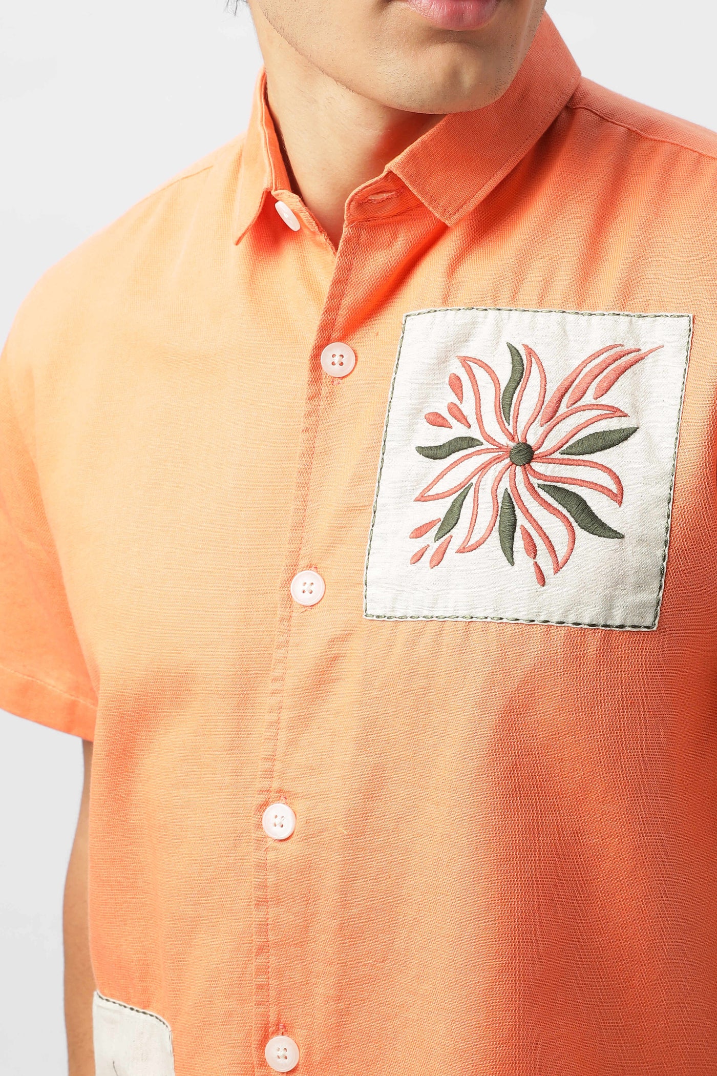 Patch Work Embroidered Men's Coral Box Fit Shirt