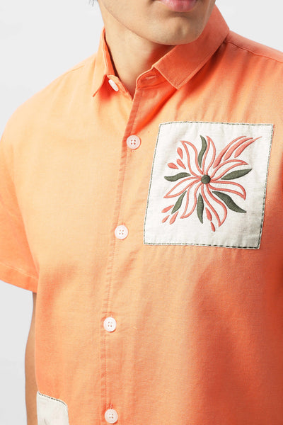 Patch Work Embroidered Men's Coral Box Fit Shirt