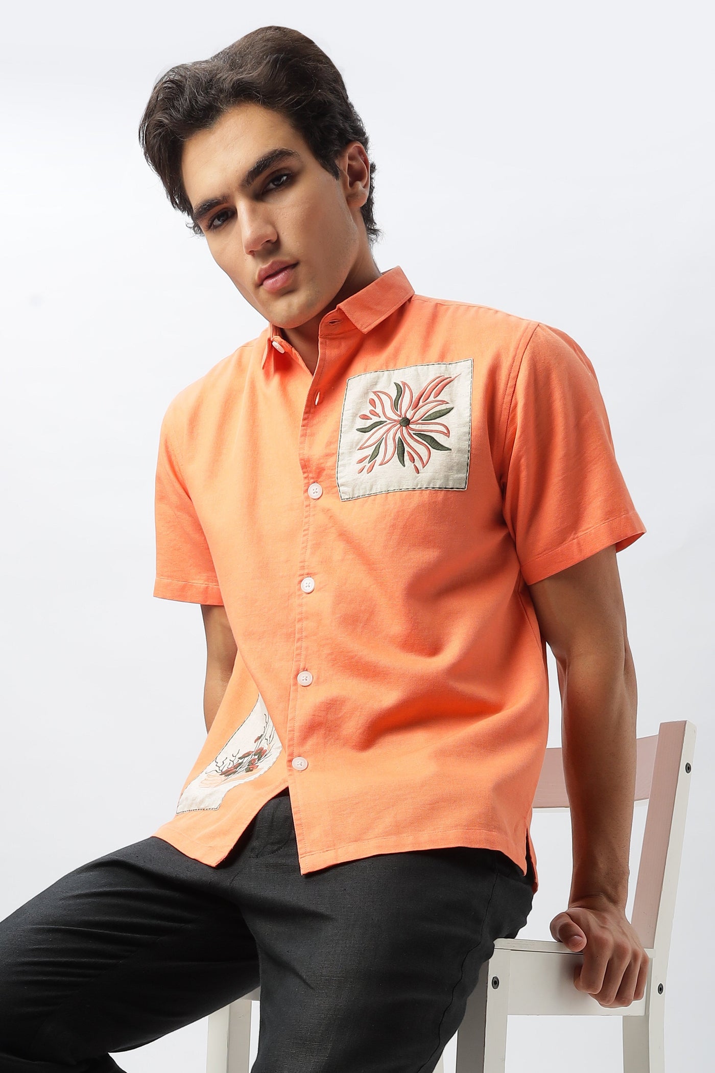 Patch Work Embroidered Men's Coral Box Fit Shirt