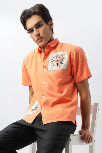 Patch Work Embroidered Men's Coral Box Fit Shirt