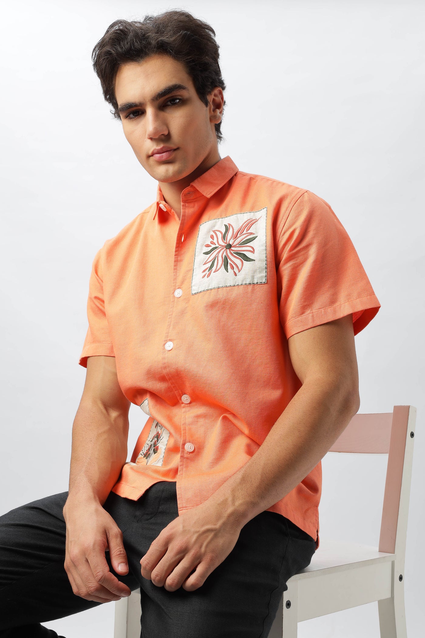 Patch Work Embroidered Men's Coral Box Fit Shirt
