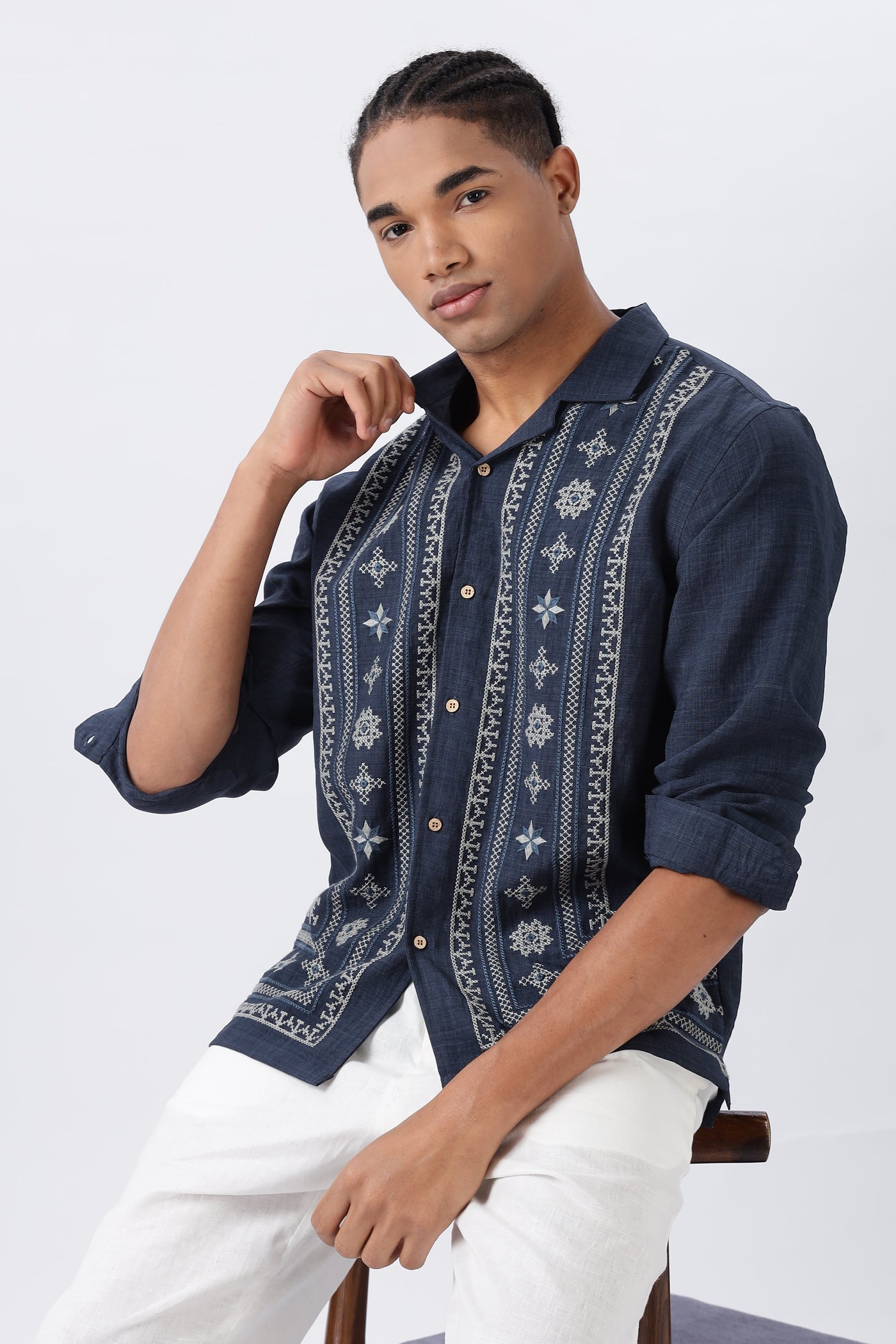 Midnight Nomad Navy Embroidery Box Fit Shirt