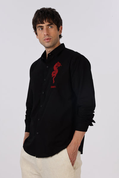 Crimson Dragon Cotton Regular Fit Black Embroidered Shirt