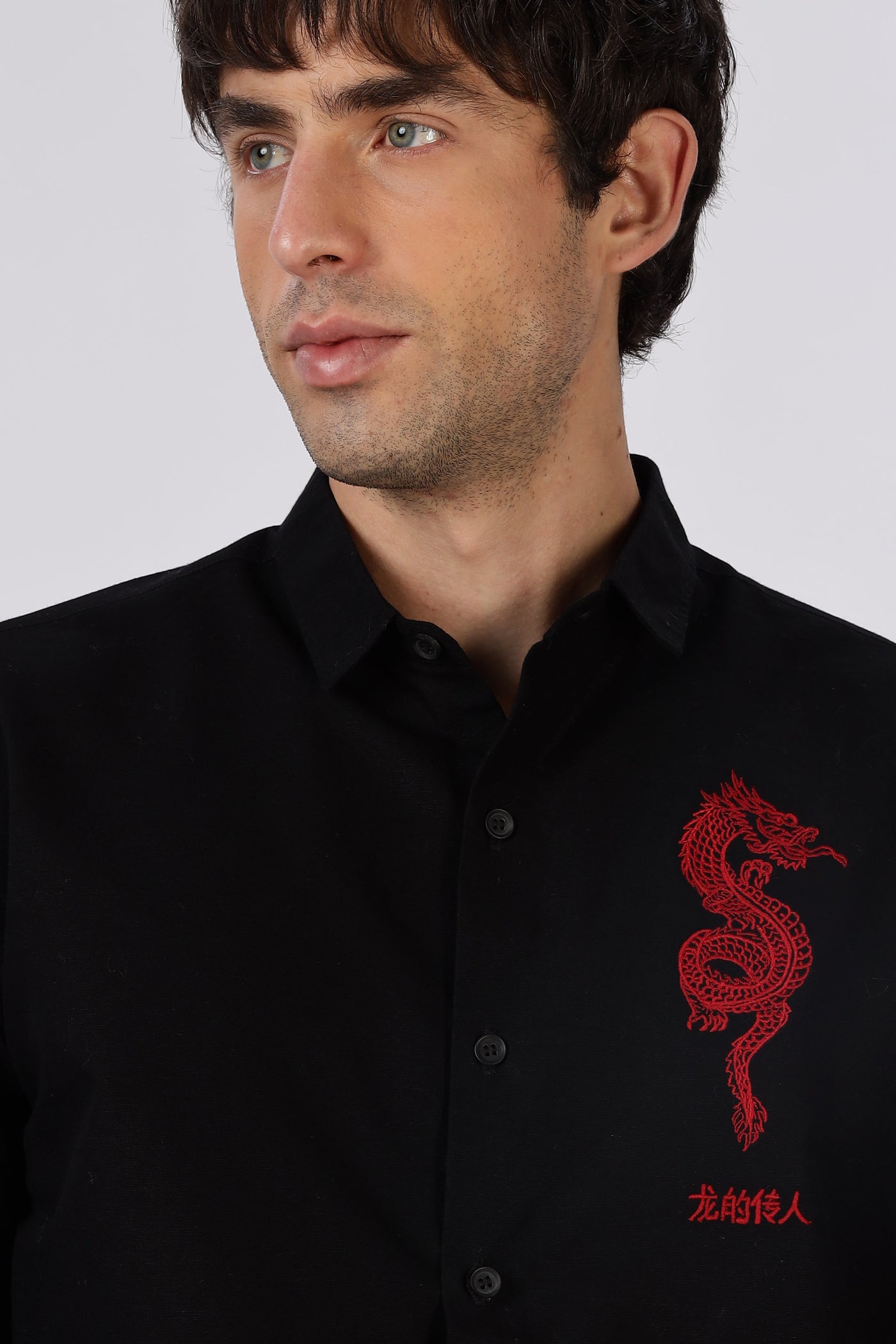 Crimson Dragon Cotton Regular Fit Black Embroidered Shirt