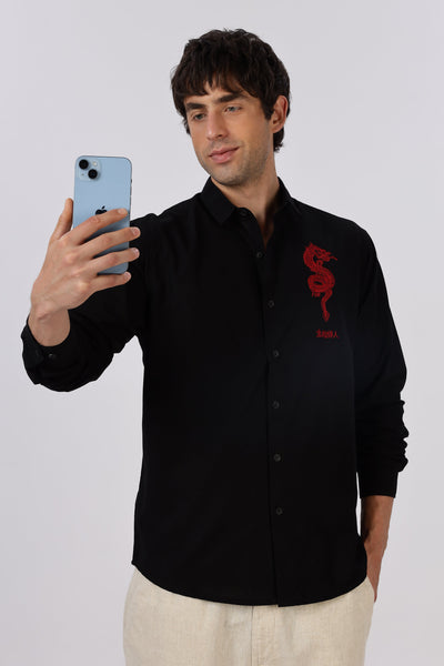 Crimson Dragon Cotton Regular Fit Black Embroidered Shirt