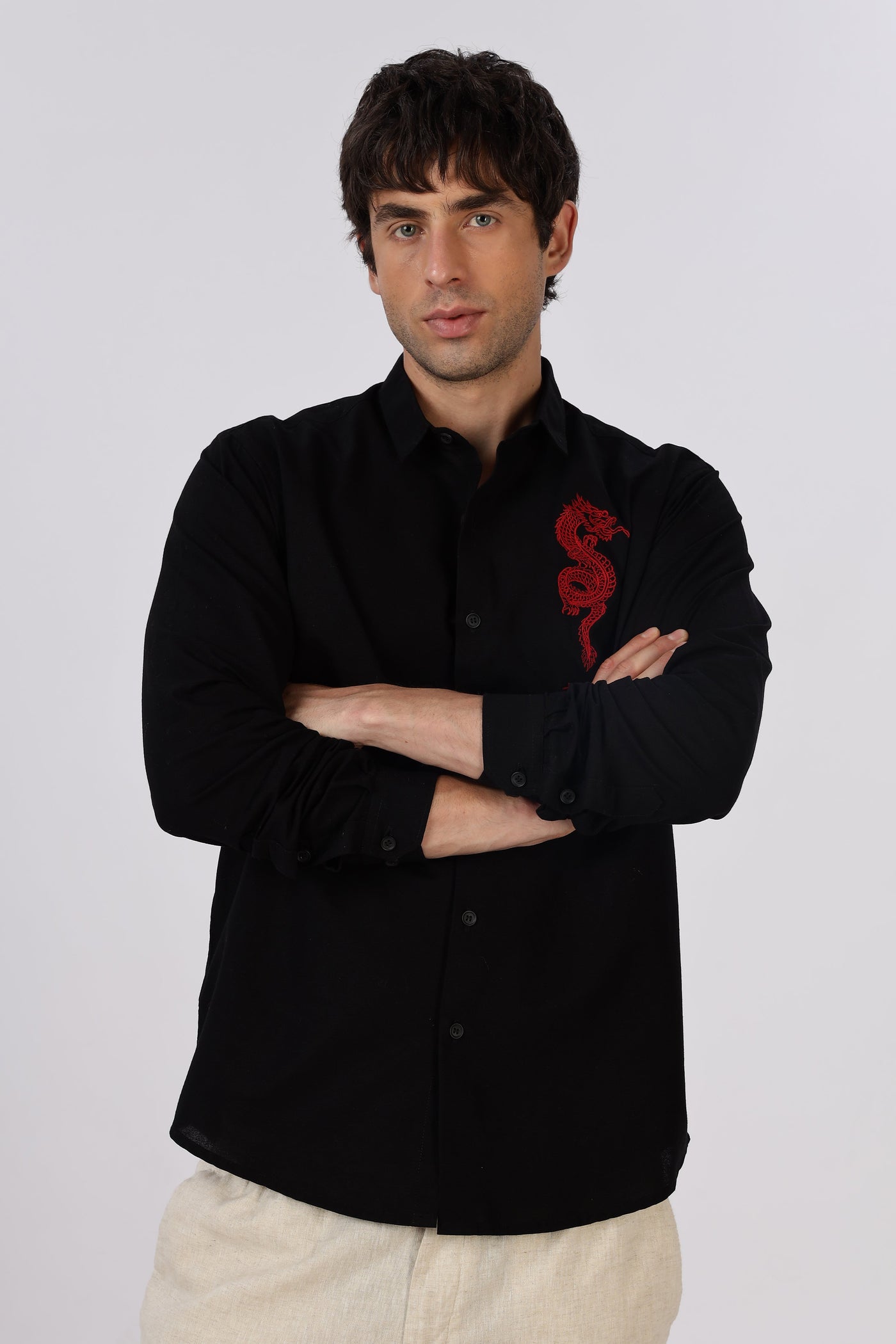Crimson Dragon Cotton Regular Fit Black Embroidered Shirt