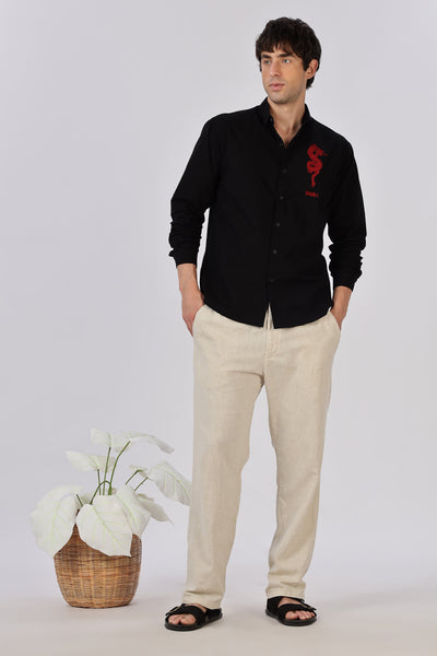 Crimson Dragon Cotton Regular Fit Black Embroidered Shirt