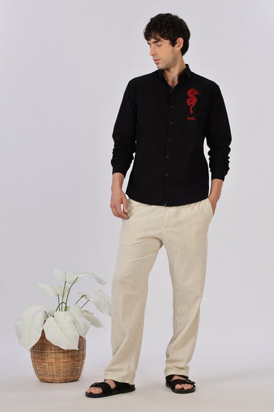Crimson Dragon Cotton Regular Fit Black Embroidered Shirt