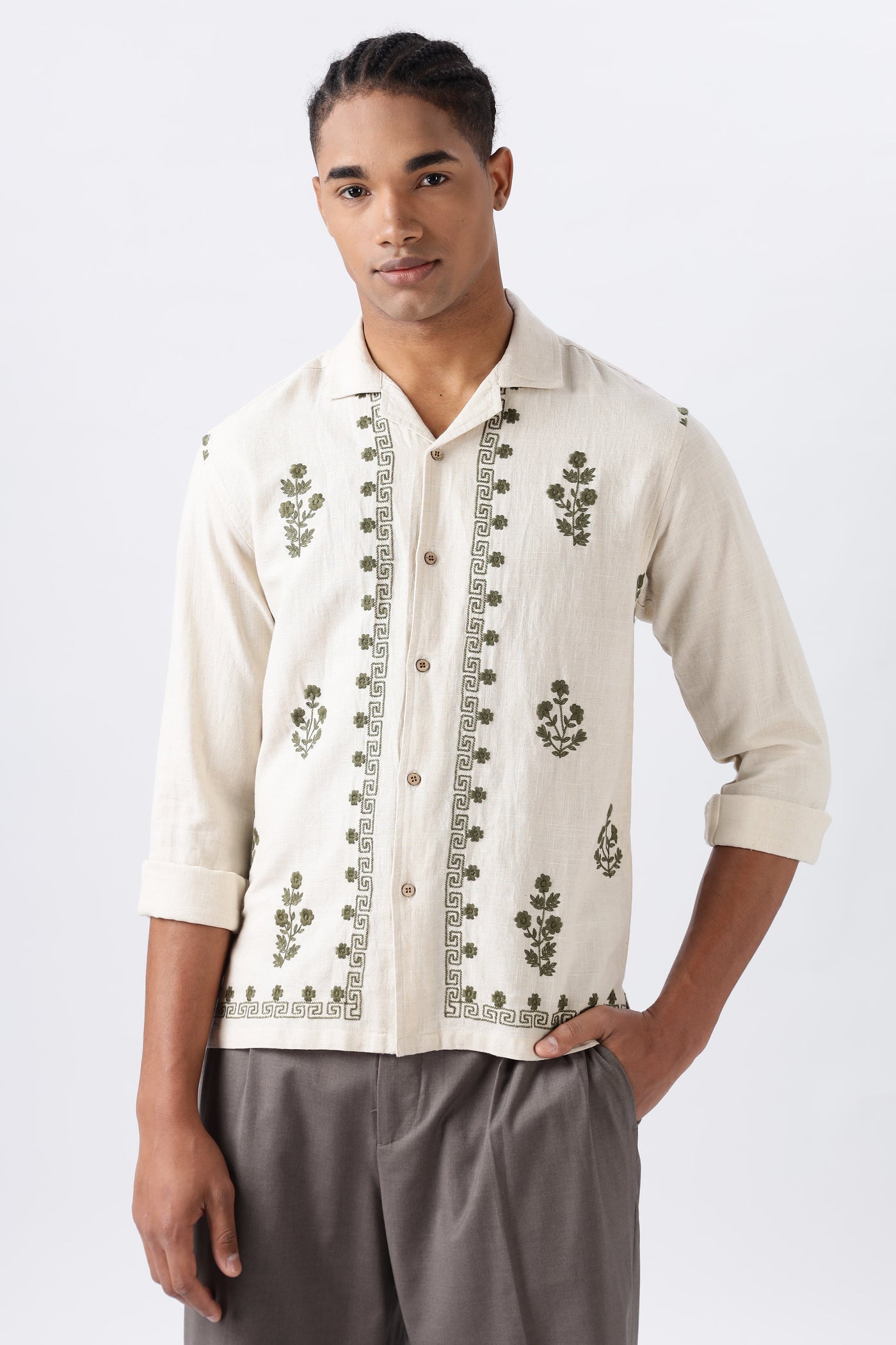 Olive Grove Pure Cotton-Linen Embroidered Shirt