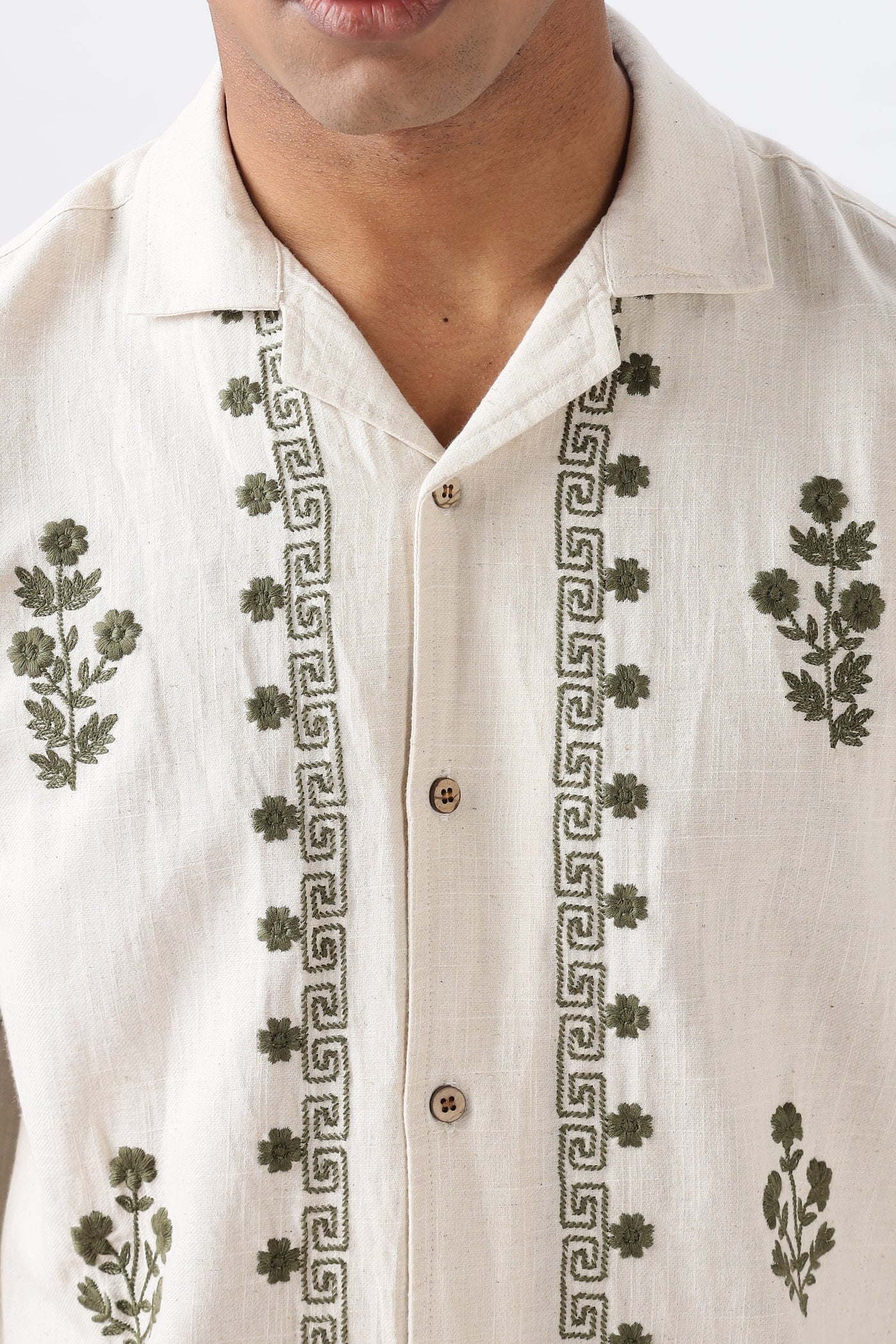 Olive Grove Pure Cotton-Linen Embroidered Shirt