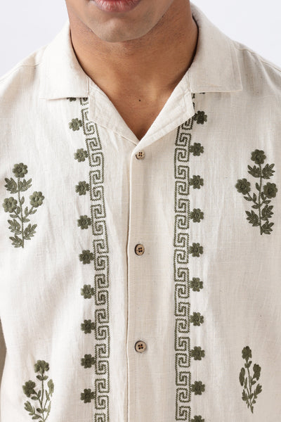 Olive Grove Pure Cotton-Linen Embroidered Shirt