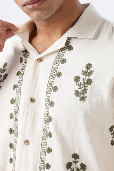 Olive Grove Pure Cotton-Linen Embroidered Shirt